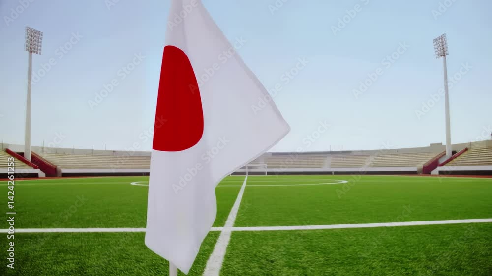 Poster close-up view of a soccer field corner flag displaying a red circle on a white background, with goal