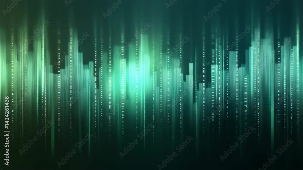 Poster equalizer bars moving and creating a futuristic cityscape skyline on a black background