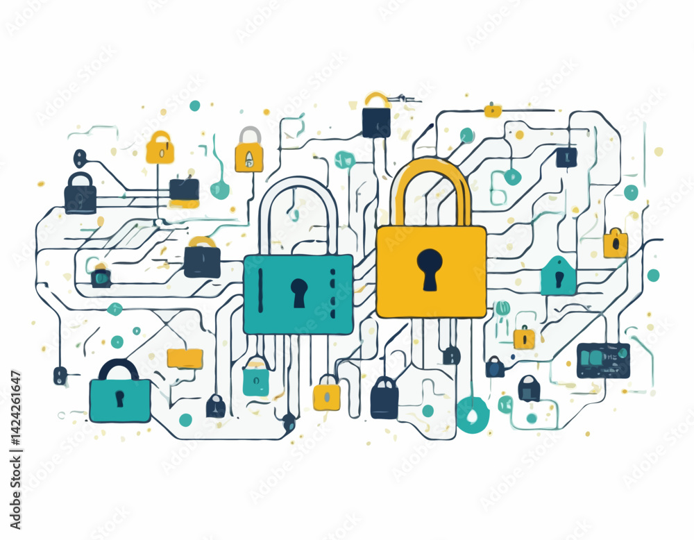 Fototapete Visual representations of data security with padlocks and circuit patterns showcasing cybersecurity themes