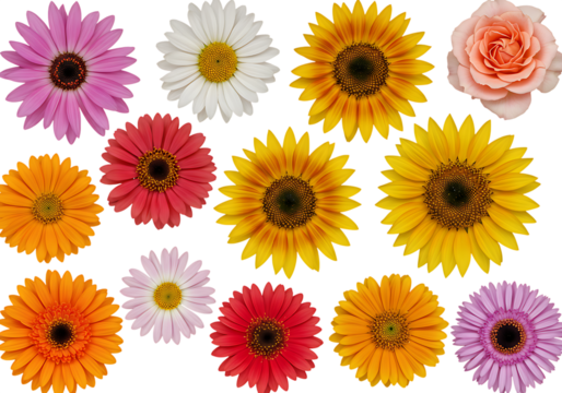 Collection of colorful daisy and rose flowers arranged on white background in flat lay style