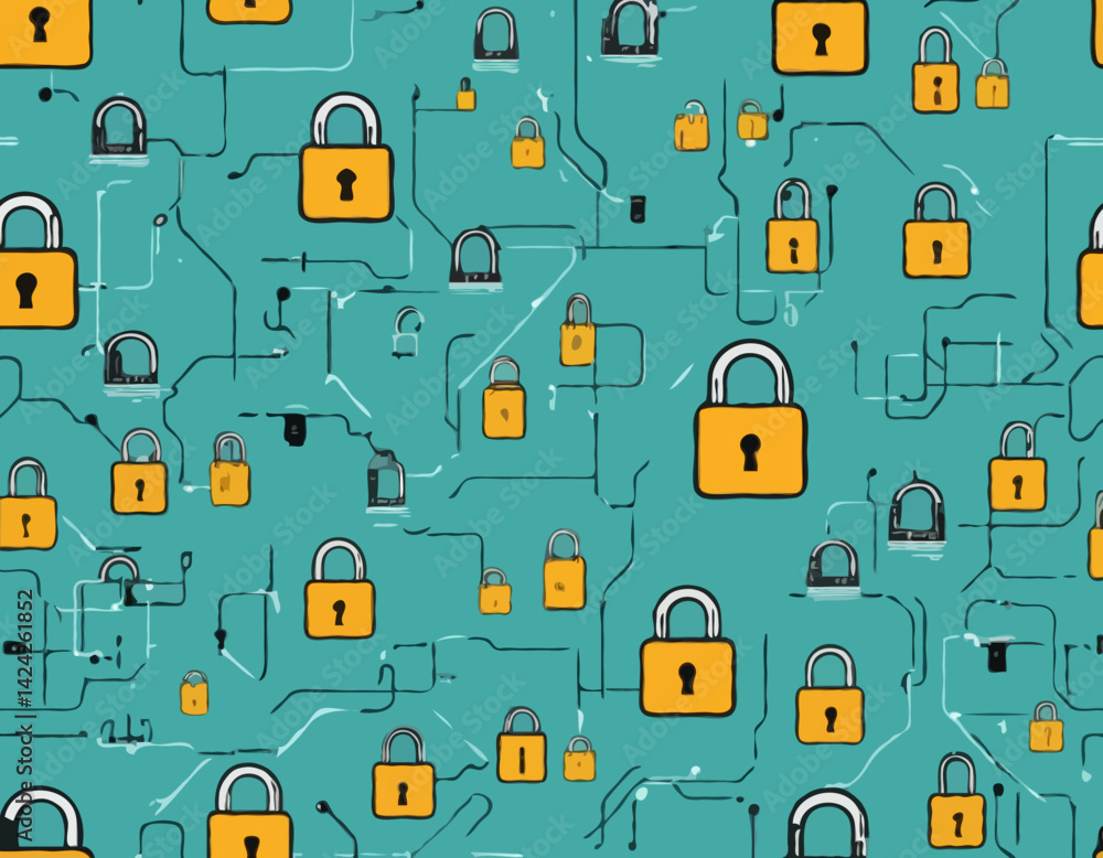 Poster visual representations of data security with padlocks and circuit patterns showcasing cybersecurity 