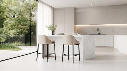 Modern kitchen with beige bar stools, marble countertop, and expansive window views