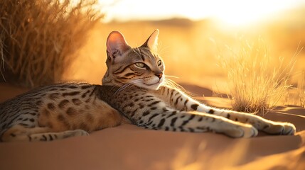 Obraz premium Exotic Savannah cat basking in golden sunlight on a desert landscape