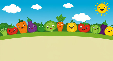 Obraz premium Cute Cartoon Vegetables with Smiling Faces on Colorful Background for Kids 