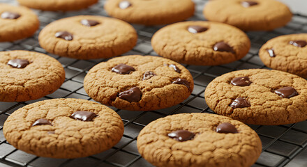 Homemade Chocolate Chip Cookies On a Cooling Rack With Soft Lighting