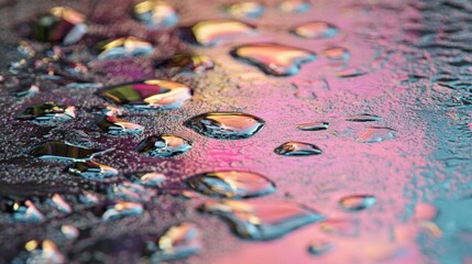 Fototapeta premium Water Droplets on a Textured Surface: Reflections, Light, and Abstract Patterns