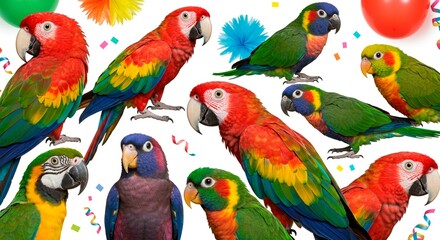 A collection of various parrots with colorful plumage surrounded by party decorations on a white background