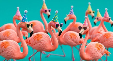 Obraz premium A group of flamingos wearing party hats and sunglasses against a turquoise colored background party time