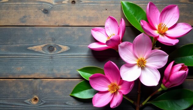Vibrant magnolia flowers on natural wooden backdrop, magnolia, blooming, flowers