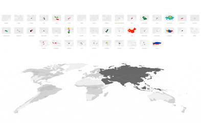 Asian Maps in Gray with National Flags. Gray World Map Featuring Asia
