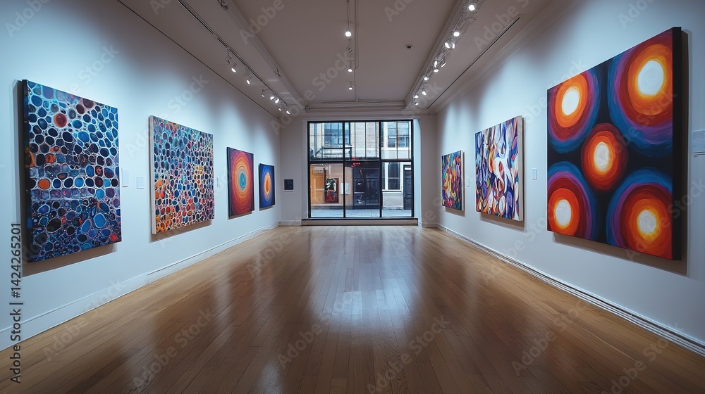 Poster art gallery displaying colorful abstract paintings with polished