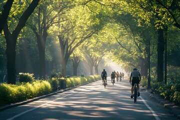 The morning bike lane for cyclists under the rising sun