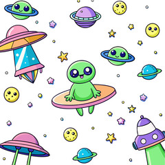 Cute alien spaceship and planets seamless pattern vector illustration for kids and space lovers