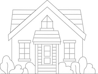 Vector house with dashed lines for kids tracing and coloring activity. Great for printable worksheets and learning.