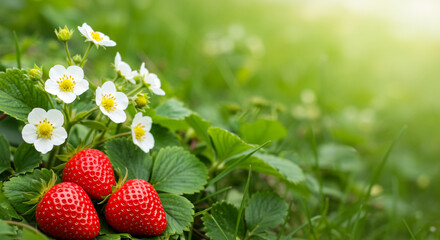 Fresh strawberries with white blossoms on green strawberry plant in nature
