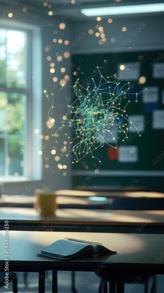 Poster a network of interconnected nodes floats in a classroom setting.