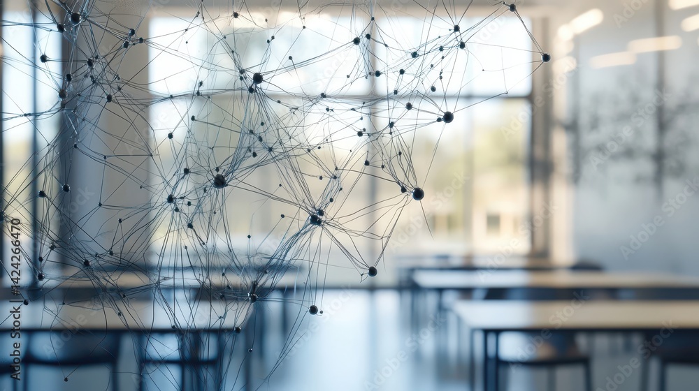 Poster abstract network design displayed within a modern classroom setting.