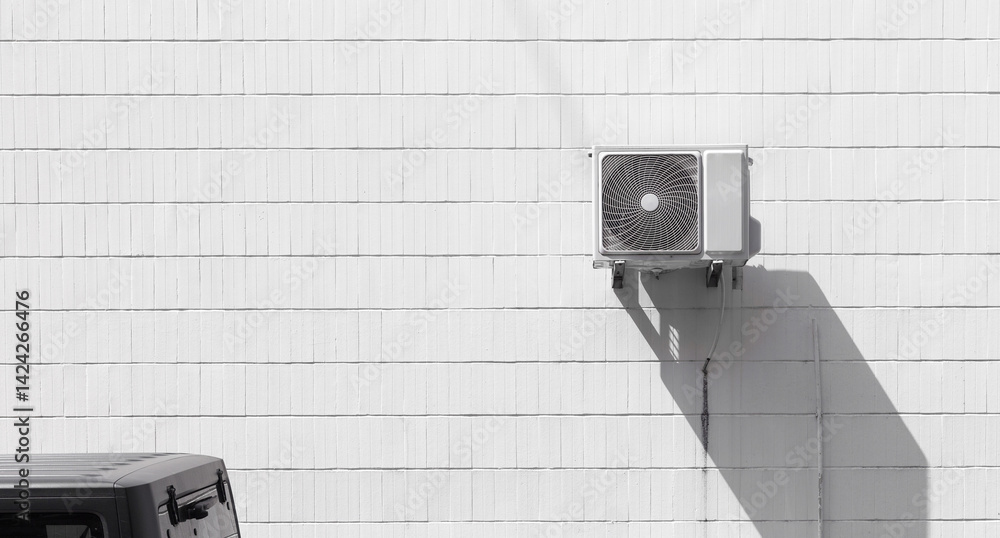Poster white copy space. white wall with empty space and ac fan outdoors block. outdoor exterior minimalist