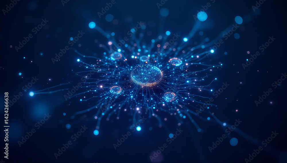 Poster abstract digital representation of molecular data storage with glowing connections and nodes