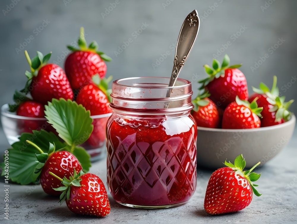 Poster a jar of strawberry jam with a wooden spoon resting in it, surrounded by whole strawberries and leav