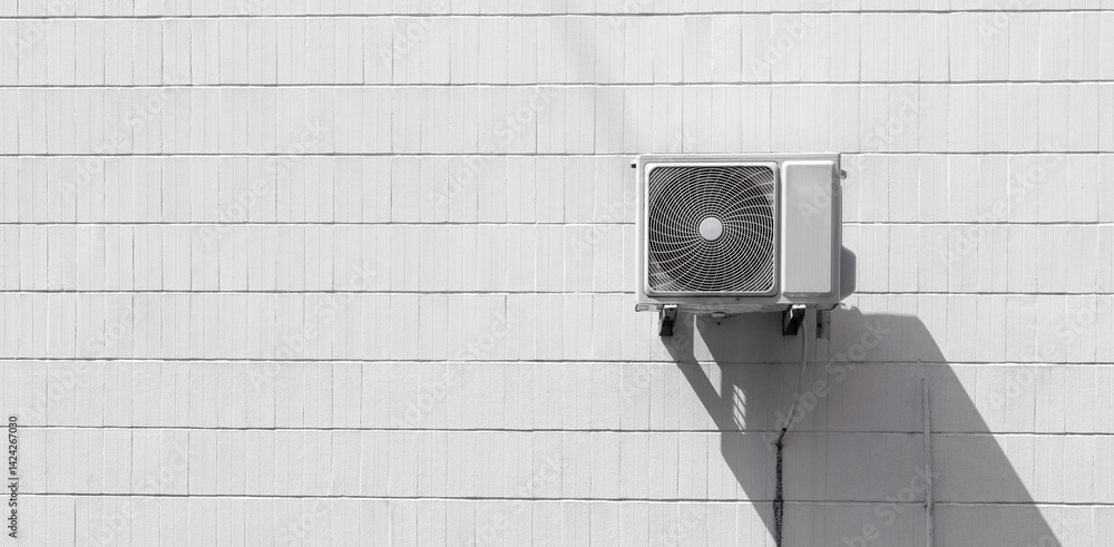 Poster white copy space. white wall with empty space and ac fan outdoors block. outdoor exterior minimalist