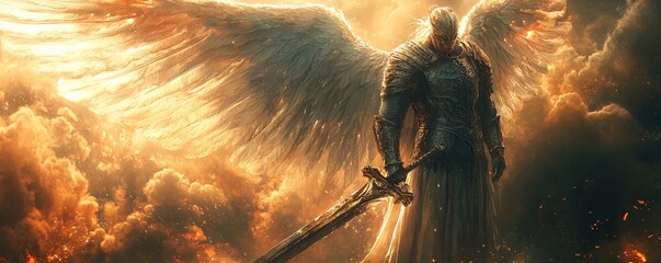 Powerful angel warrior with glowing wings holding sword in dramatic sky