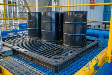 A polyethylene spill containment pallet holding barrels, ensuring safety and environmental protection for the surrounding area