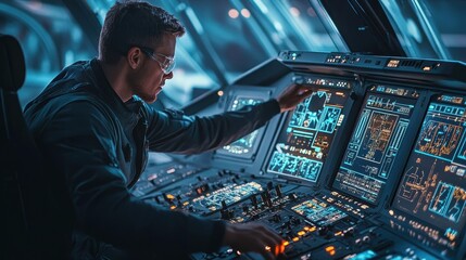 Aviation professional operating advanced cockpit controls.