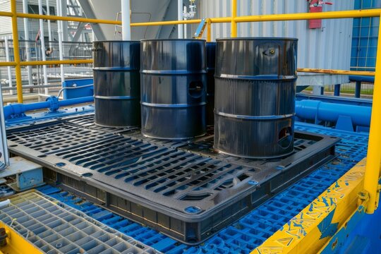 A polyethylene spill containment pallet holding barrels, ensuring safety and environmental protection for the surrounding area