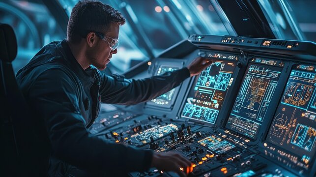 Aviation professional operating advanced cockpit controls.