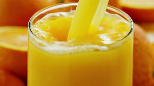 Close-up of refreshing orange juice being poured into a glass with oranges in the background, capturing a vibrant summer ambiance