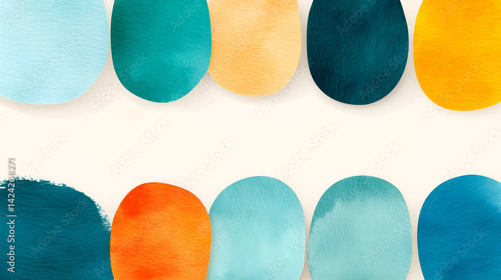 Poster colorful abstract watercolor shapes in oval forms arranged in two rows on a light background. close-