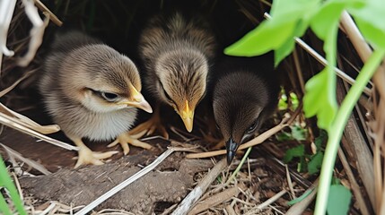 Fototapeta premium Three adorable chicks nestled together in natural habitat exhibiting curiosity and playfulness