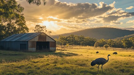 Fototapeta premium Emu Walking on Farm with Barn and Golden Sunset Light