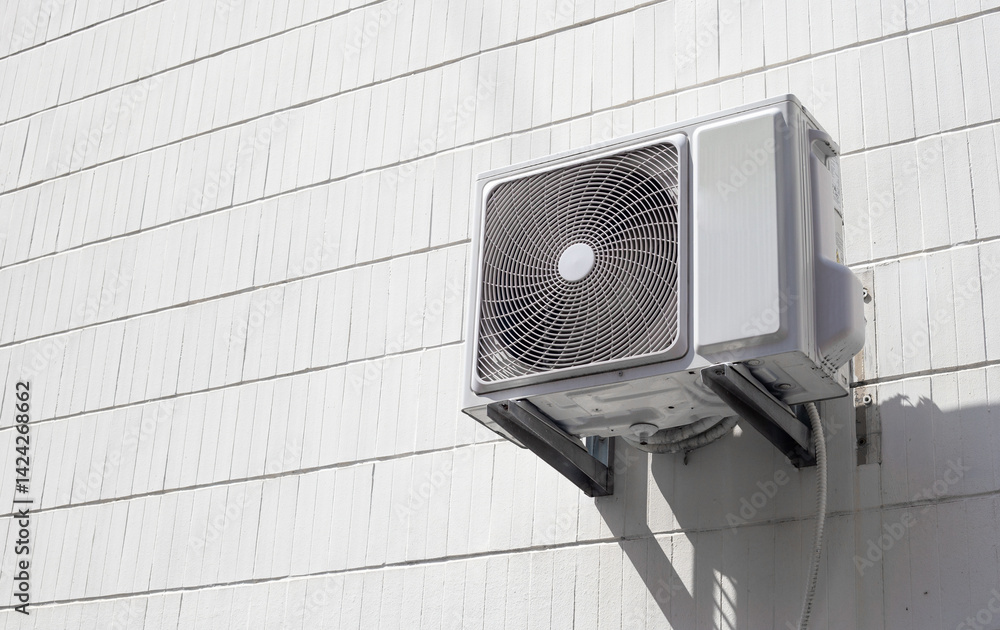Poster white copy space. white wall with empty space and ac fan outdoors block. outdoor exterior minimalist