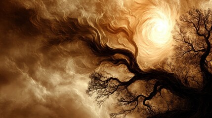 Surreal Tree  Swirling Sky  Abstract Nature  Golden Clouds  Fantasy Art