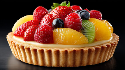 Fresh Fruit Tart with Berries and Kiwi on Black Background  