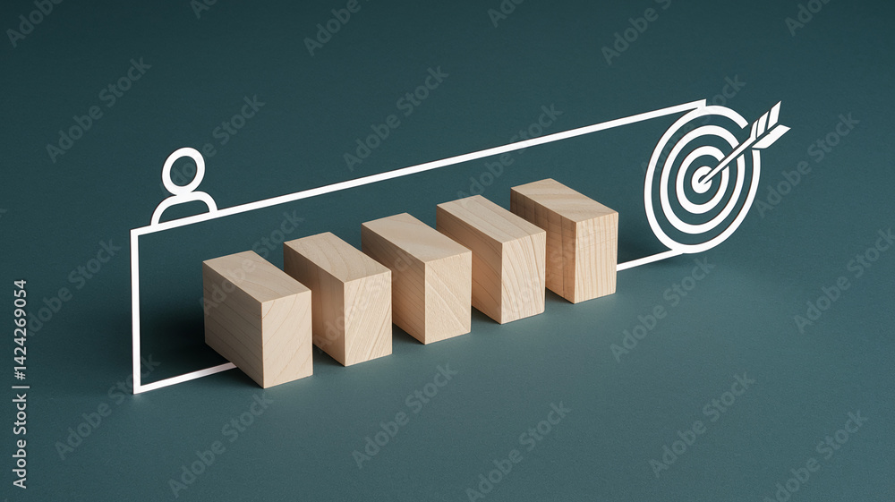 Poster wooden blocks ascending towards a target, symbolizing progress and achievement, ideal for business p