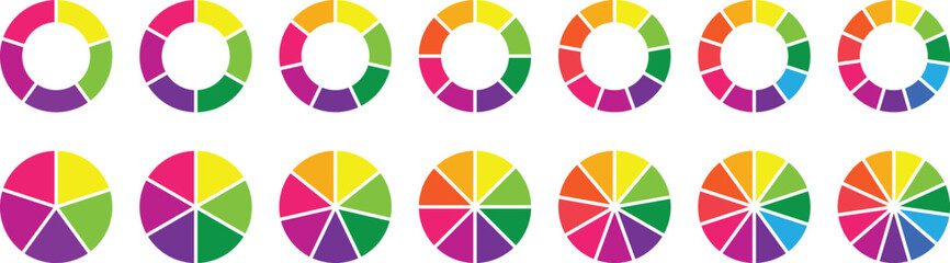 Pie chart color icons. Circle pie chart diagram. Circle section graph. 5,6,7,8,910,11 segment infographic. Wheel round diagram part symbol. Wheel division into fractions, sectors. Vector illustration.