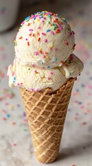 Delicious ice cream cone with two scoops of vanilla ice cream topped with colorful sprinkles in a waffle cone, perfect for dessert or summer treat
