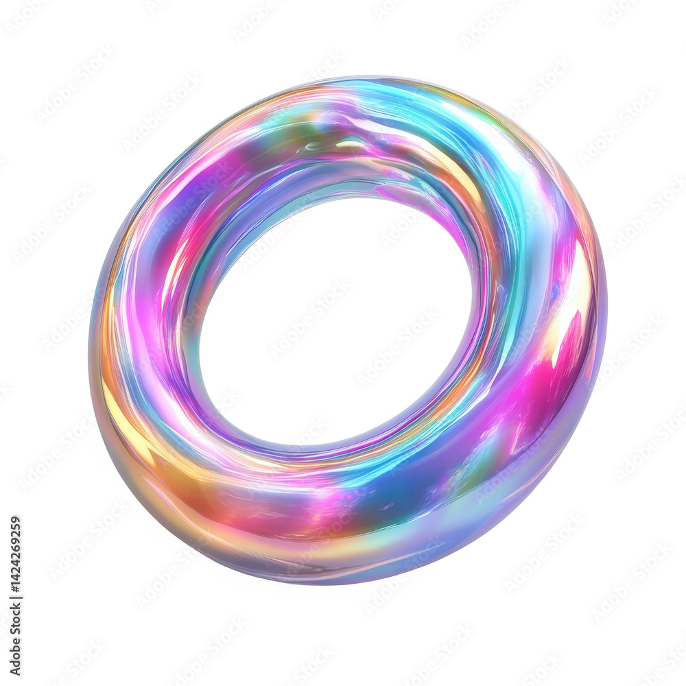 Poster iridescent torus with a glossy surface reflecting a spectrum of colors against a black background
