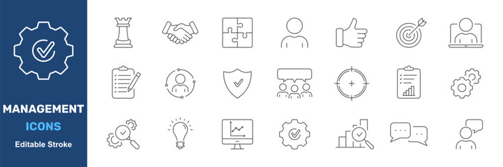 Management And Strategy Icon Set. Business Planning, Team Collaboration, And Performance Analysis Outline Symbol Collection. Leadership And Innovation. Editable Stroke. Isolated Vector Illustration