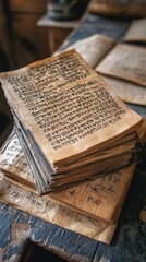 Obraz premium A stack of aged, handwritten books filled with ancient scripts.