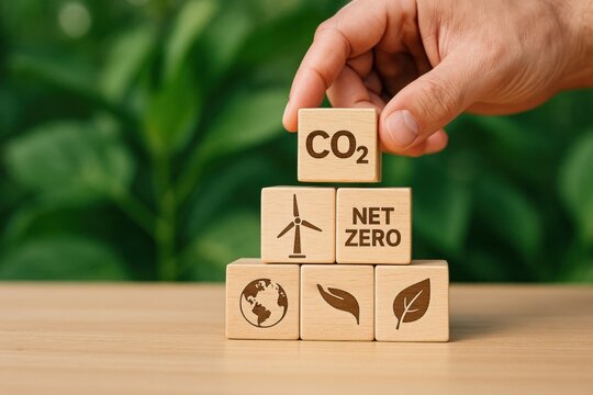 Net-Zero Blocks: A hand carefully places a block with "CO2" inscribed on top of other environmental elements that represent ecological solutions, underscoring the path toward a sustainable future.