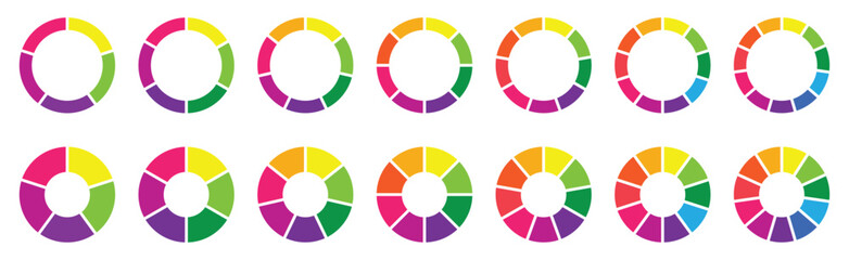 Circle pie chart diagram. Colorful diagram collection with 5,6,7,8,910,11 sections and steps. Circle icons for infographic. Pie chart for data analysis, business presentation, UI, web design. Vector