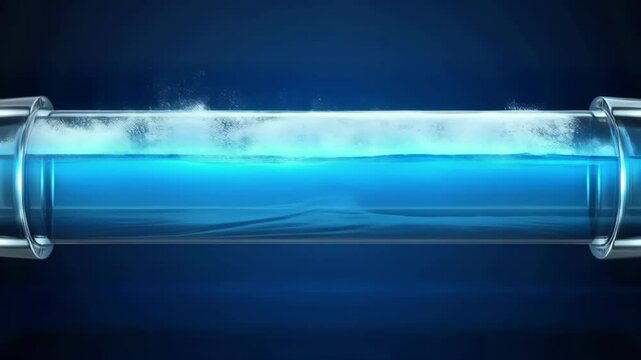 Close-up of a transparent tube filled with blue water and white bubbles, illuminated against a dark background
