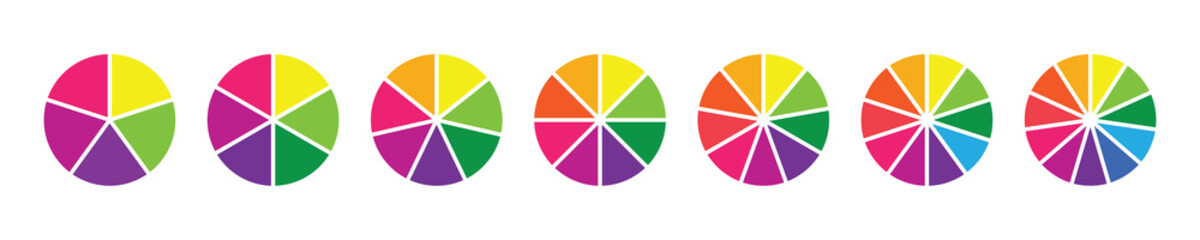 Pie chart set. Circle pie charts diagrams. Different color circles isolated. Circle section graph. Infographic element round shape. Pie chart divided 5,6,7,8,9,10,11, equal parts. Vector illustration.