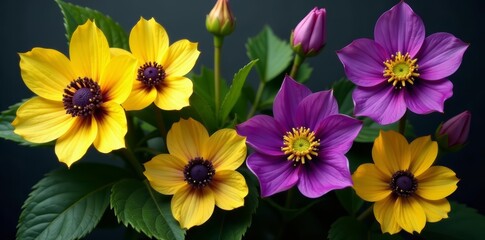 Vibrant yellow and purple hellebore flowers in a dramatic arrangement, flowers, floral, blooms