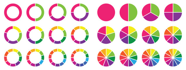 Pie chart set, circle icons and circle diagram. Pie chart divided Circle diagram collection with 1,2,3,4,5,6,7,8,9,10,11 . Segmented circle infographic, data analysis, web design, ui or presentation