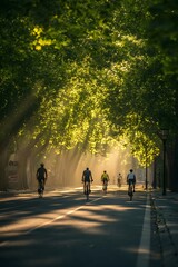 The morning bike lane for cyclists under the rising sun